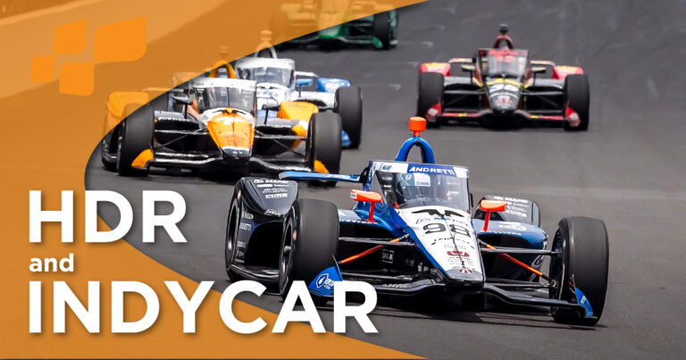 HDR broadcasting capture and INDYCAR formula 1 racecars running around a race track