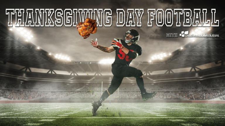 An NFL football player runs through a stadium looking back to catch a roasted turkey instead of a football