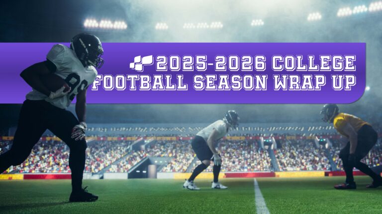 College football players line up before a play