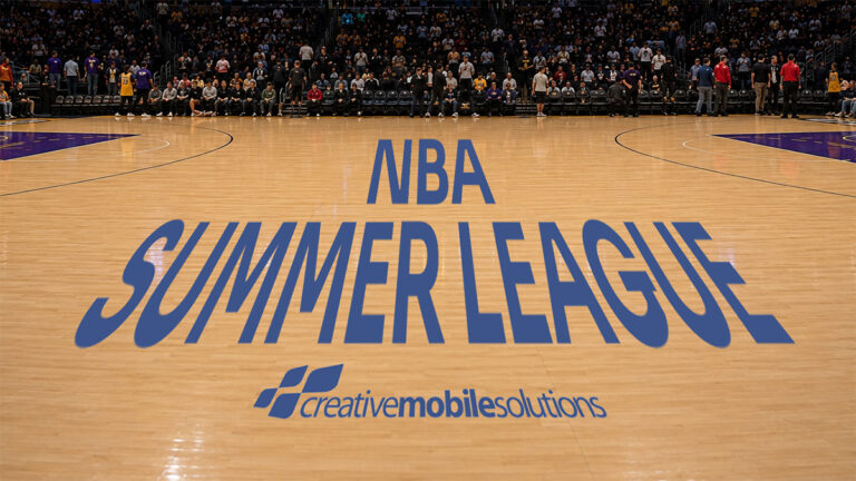 A wide shot of a professional basketball court with the words CMSI Supports ESPN at the NBA Summer League