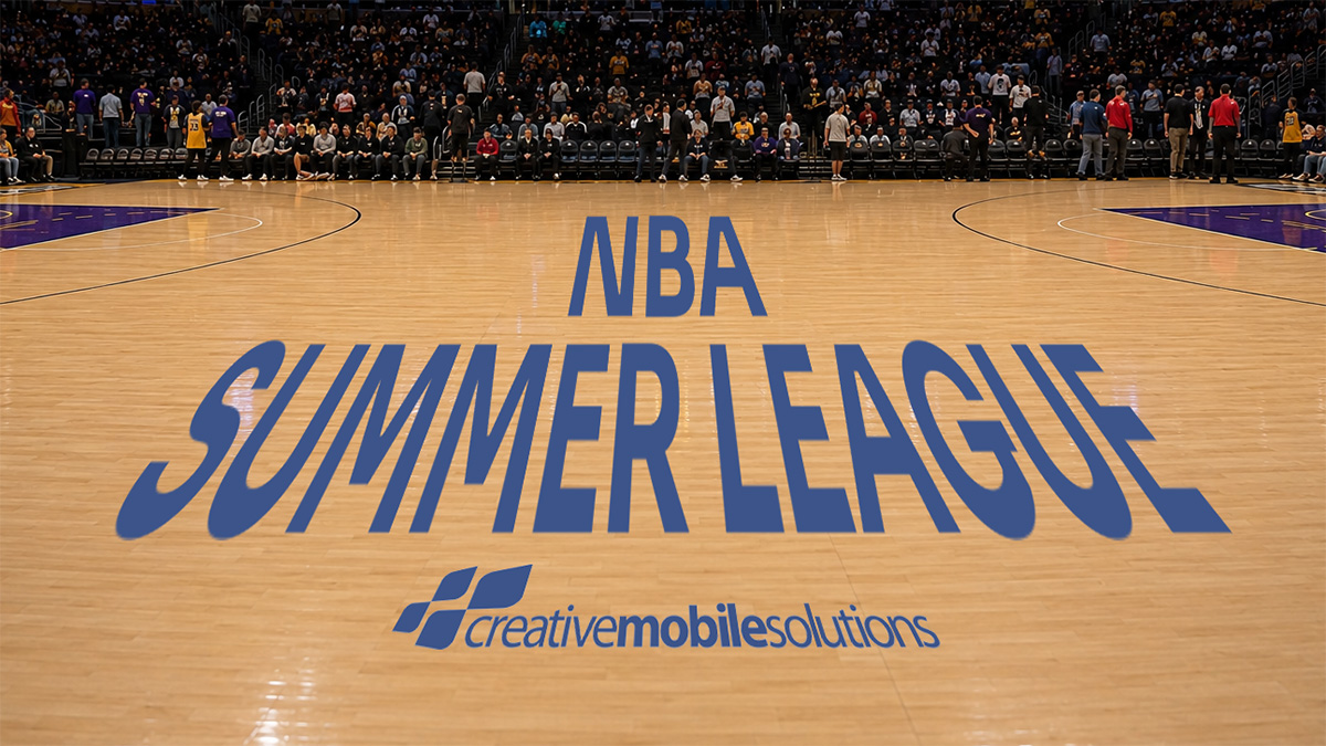 A wide shot of a professional basketball court with the words CMSI Supports ESPN at the NBA Summer League