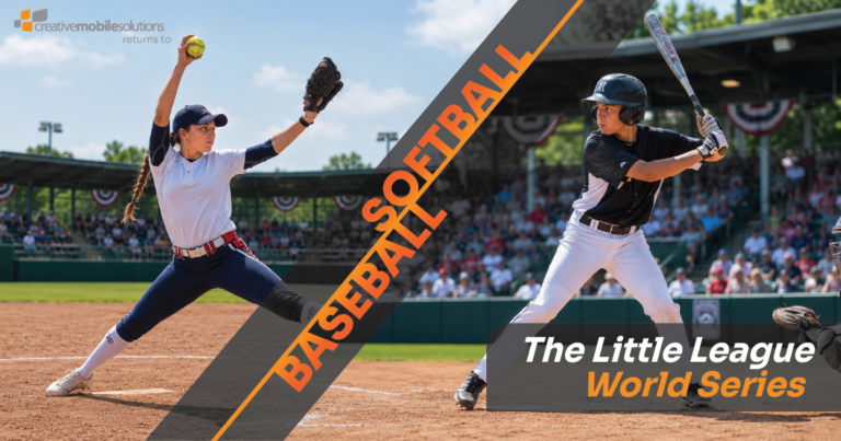 A little league softball pitcher winds up her pitch while a little league baseball player waits at bat