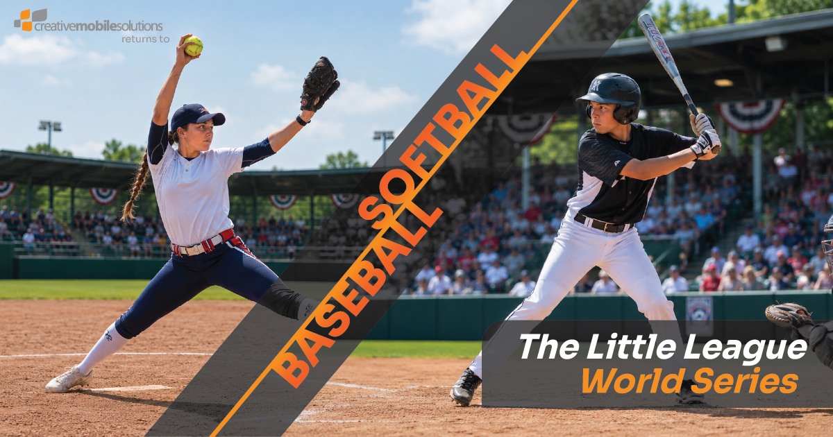 A little league softball pitcher winds up her pitch while a little league baseball player waits at bat